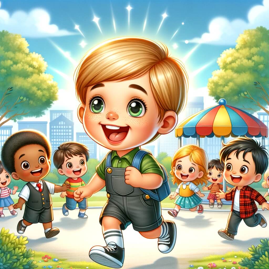 Une illustration pour enfants représentant un petit garçon plein d'énergie et de curiosité, vivant une journée pleine de surprises et de rires avec ses amis dans un parc animé.