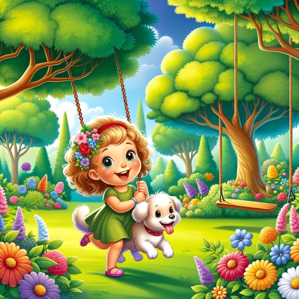 Une illustration destinée aux enfants représentant une petite fille aux cheveux bouclés et aux joues roses, qui se retrouve dans une joyeuse pagaille avec son meilleur ami, un chien espiègle, dans un parc verdoyant rempli de fleurs colorées, d'arbres majestueux et de balançoires qui se balancent joyeusement.