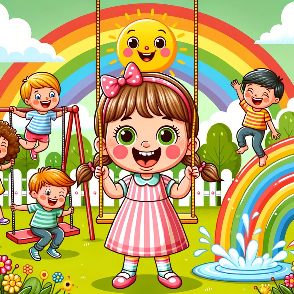 Une illustration destinée aux enfants représentant une petite fille espiègle et malicieuse, entourée de ses copains rigolos, dans un parc ensoleillé rempli de balançoires colorées, d'un toboggan arc-en-ciel et d'une fontaine qui danse joyeusement.
