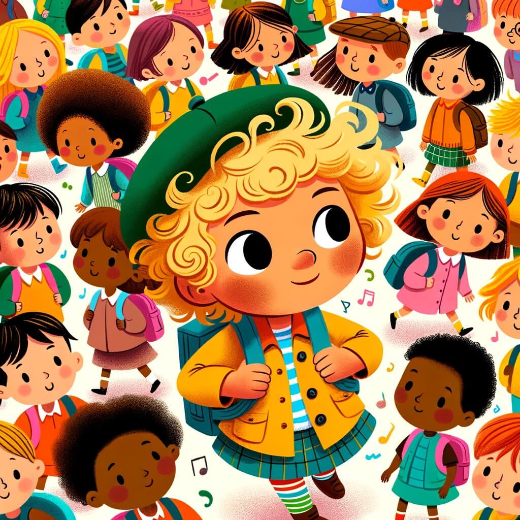 Une illustration destinée aux enfants représentant une petite fille curieuse et intrépide, confrontée à la diversité dans une école colorée remplie d'enfants aux origines et apparences variées, où elle se lie d'amitié avec des camarades aux cheveux bouclés, à la peau foncée et au chapeau rigolo.