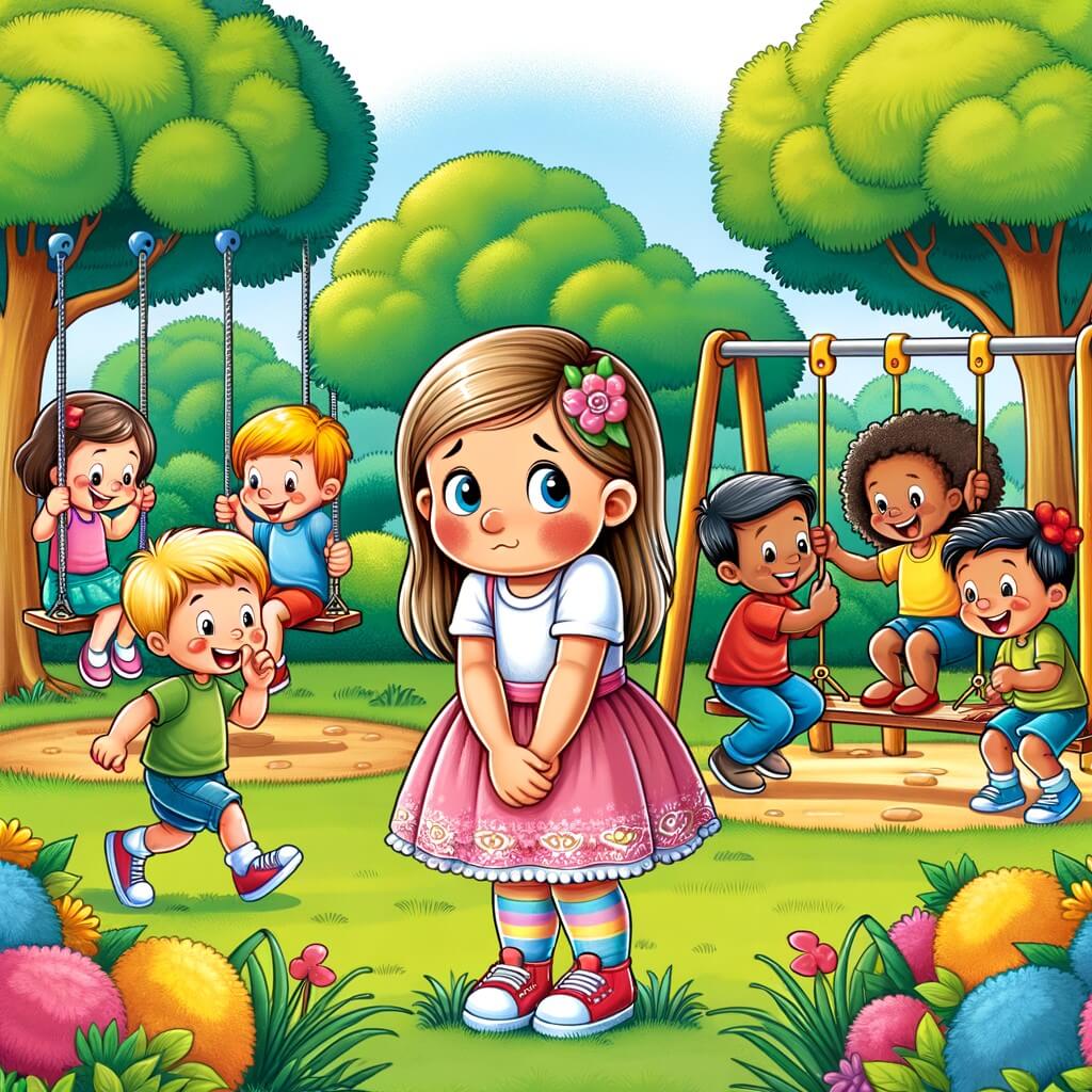 Une illustration destinée aux enfants représentant une petite fille timide, entourée d'enfants de différentes origines, qui jouent ensemble dans un parc verdoyant avec des balançoires, des toboggans et des arbres colorés.