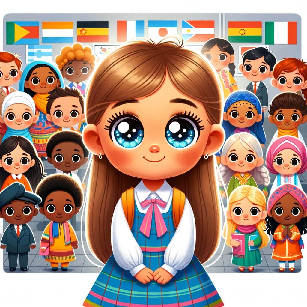 Une illustration destinée aux enfants représentant une petite fille aux grands yeux pétillants se trouvant dans une école colorée, entourée de diverses cultures et traditions, accompagnée de ses amis qui reflètent la diversité du monde.