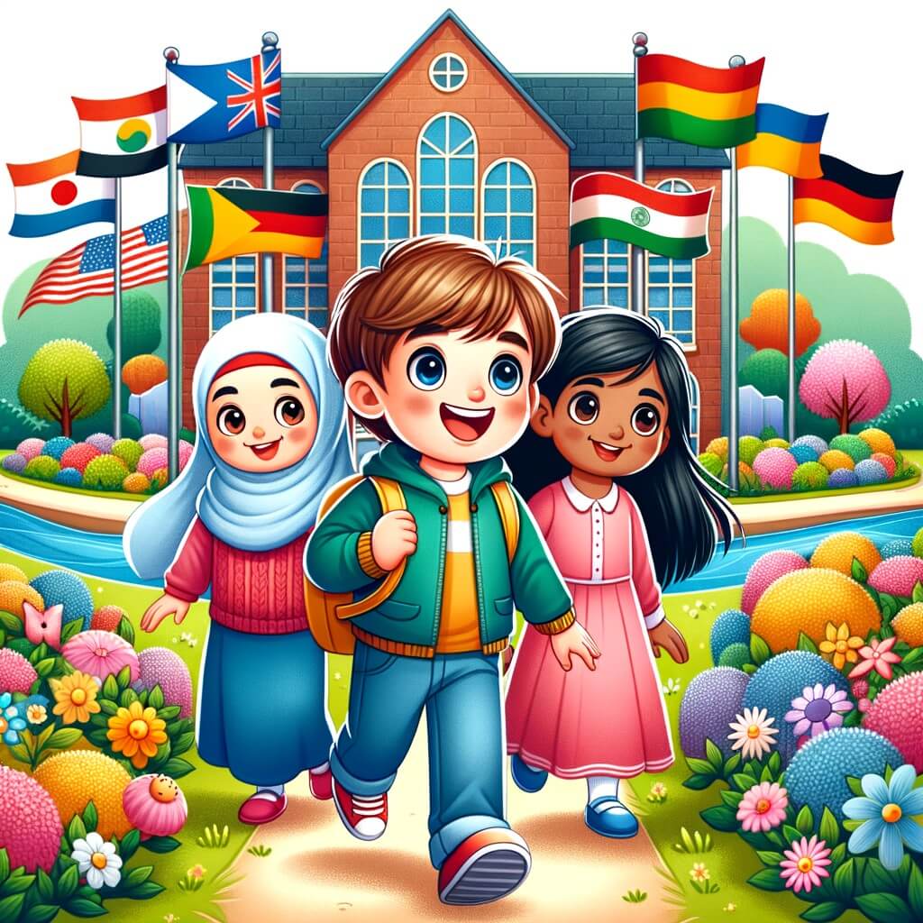 Une illustration destinée aux enfants représentant un petit garçon curieux et enthousiaste, vivant une aventure multiculturelle avec ses amis, dans une école colorée entourée de jardins fleuris et de drapeaux du monde entier.