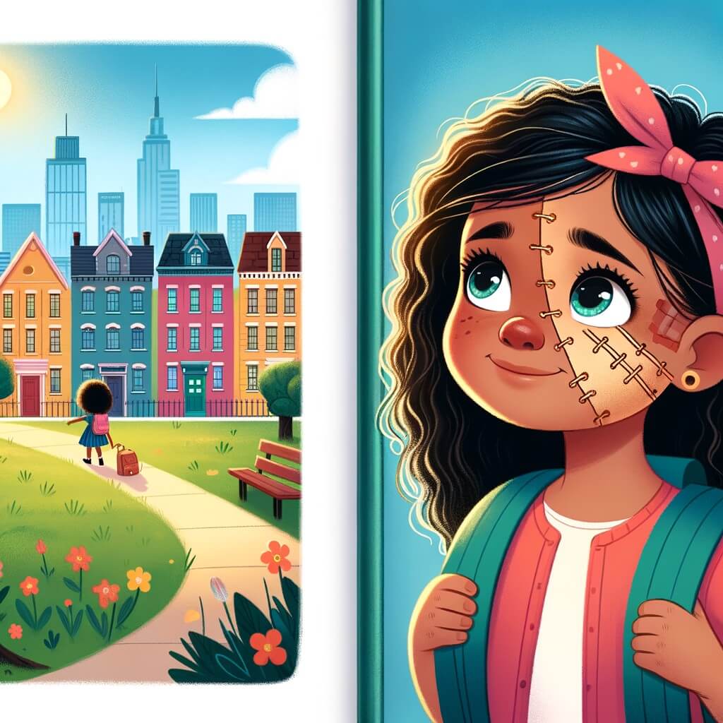 Une illustration pour enfants représentant une petite fille avec une cicatrice sur le visage, qui découvre une nouvelle école où elle va apprendre à s'accepter et à célébrer la diversité, dans une ville pleine de surprises.