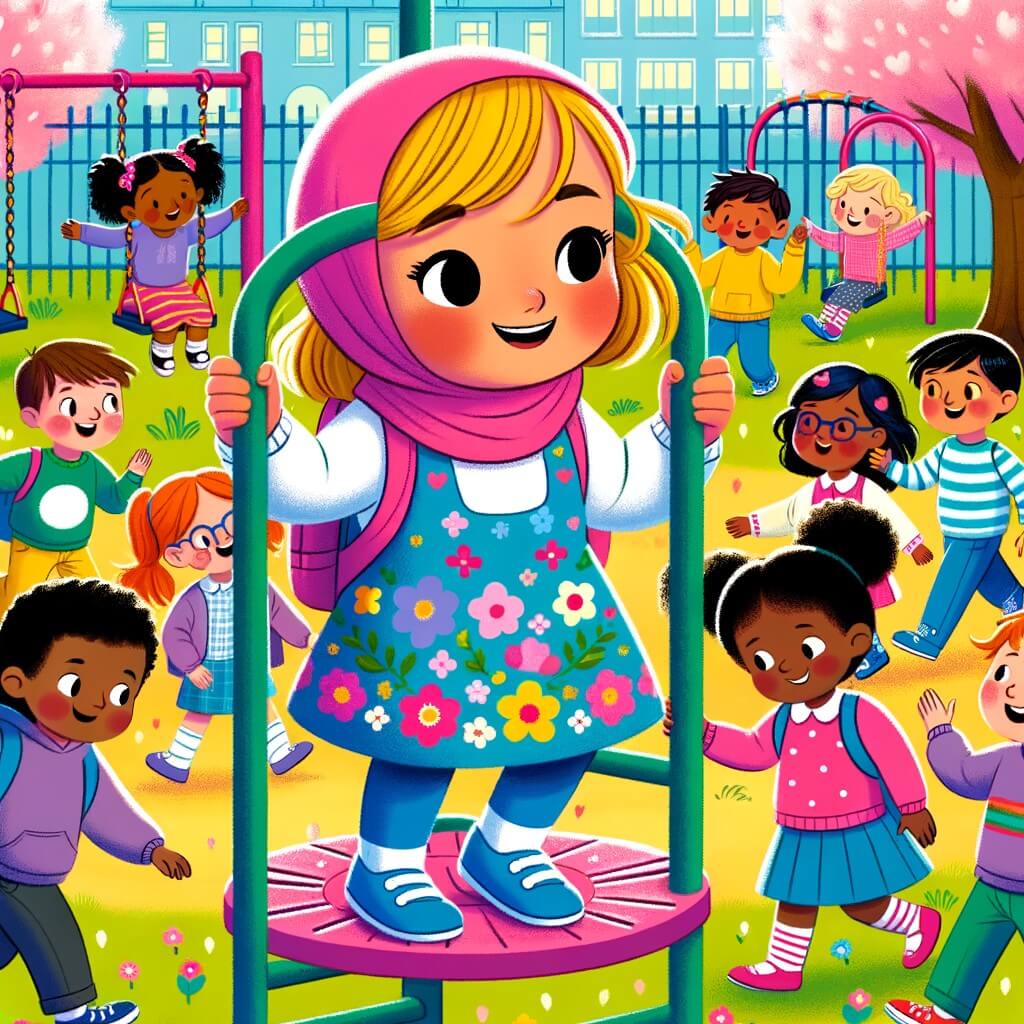 Une illustration pour enfants représentant une petite fille qui vient de déménager dans une nouvelle ville, et qui doit se faire des amis dans une école pleine de diversité.
