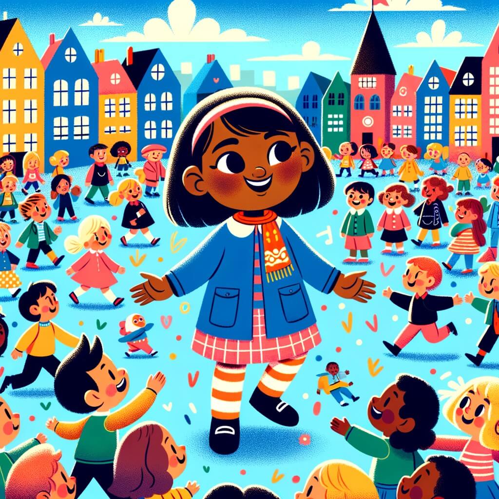 Une illustration destinée aux enfants représentant une petite fille curieuse et pleine d'enthousiasme, découvrant une école multiculturelle où des enfants de toutes les couleurs, de toutes les tailles et de toutes les cultures se réunissent joyeusement dans une cour de récréation colorée et animée.