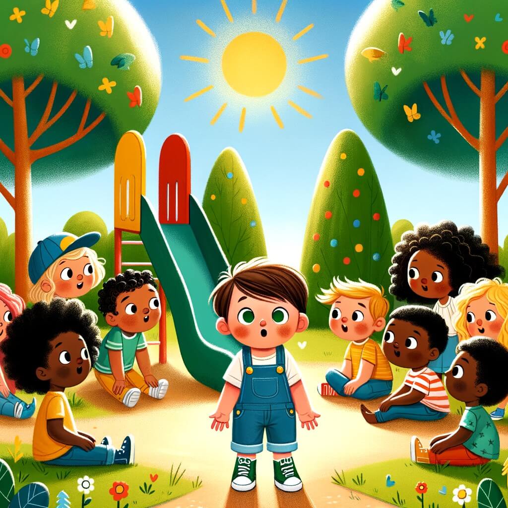 Une illustration destinée aux enfants représentant un petit garçon curieux, entouré de ses amis, découvrant une nouvelle amie aux cheveux frisés et à la peau foncée, dans un parc ensoleillé avec des arbres verdoyants et un toboggan coloré.