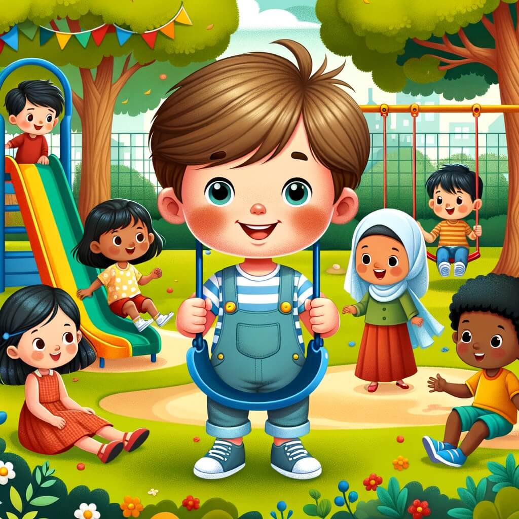 Une illustration destinée aux enfants représentant un petit garçon curieux et souriant, entouré d'enfants de différentes nationalités, dans un parc verdoyant rempli de balançoires, toboggans et arbres colorés.