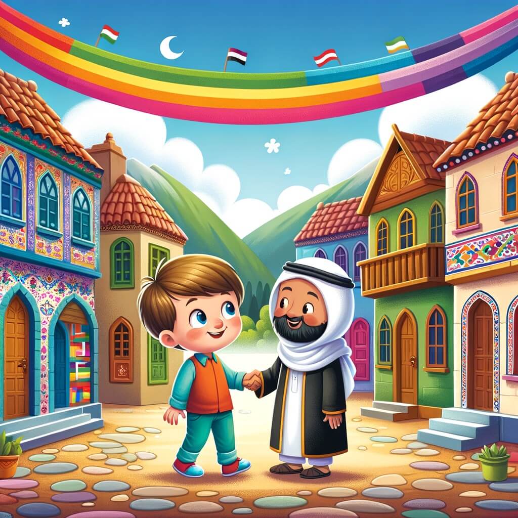 Une illustration pour enfants représentant un petit garçon curieux qui rencontre un nouveau voisin d'origine différente lorsqu'une famille s'installe dans la maison à côté de la sienne, dans un quartier paisible et coloré.