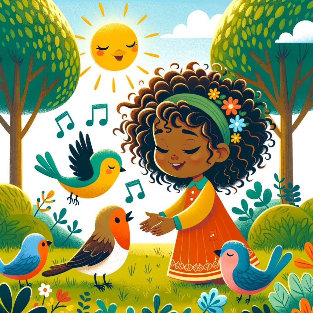 Une illustration destinée aux enfants représentant une petite fille aux cheveux noirs bouclés, faisant la connaissance d'une nouvelle amie dans un parc ensoleillé, entouré d'arbres verdoyants et d'oiseaux multicolores qui chantent gaiement.