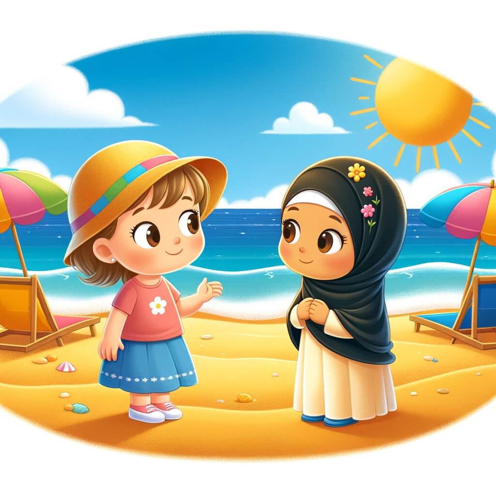 Une illustration destinée aux enfants représentant une petite fille curieuse, se tenant sur une plage ensoleillée, où elle rencontre une autre petite fille portant un hijab, dans un décor de sable doré, d'océan bleu et de parasols colorés.