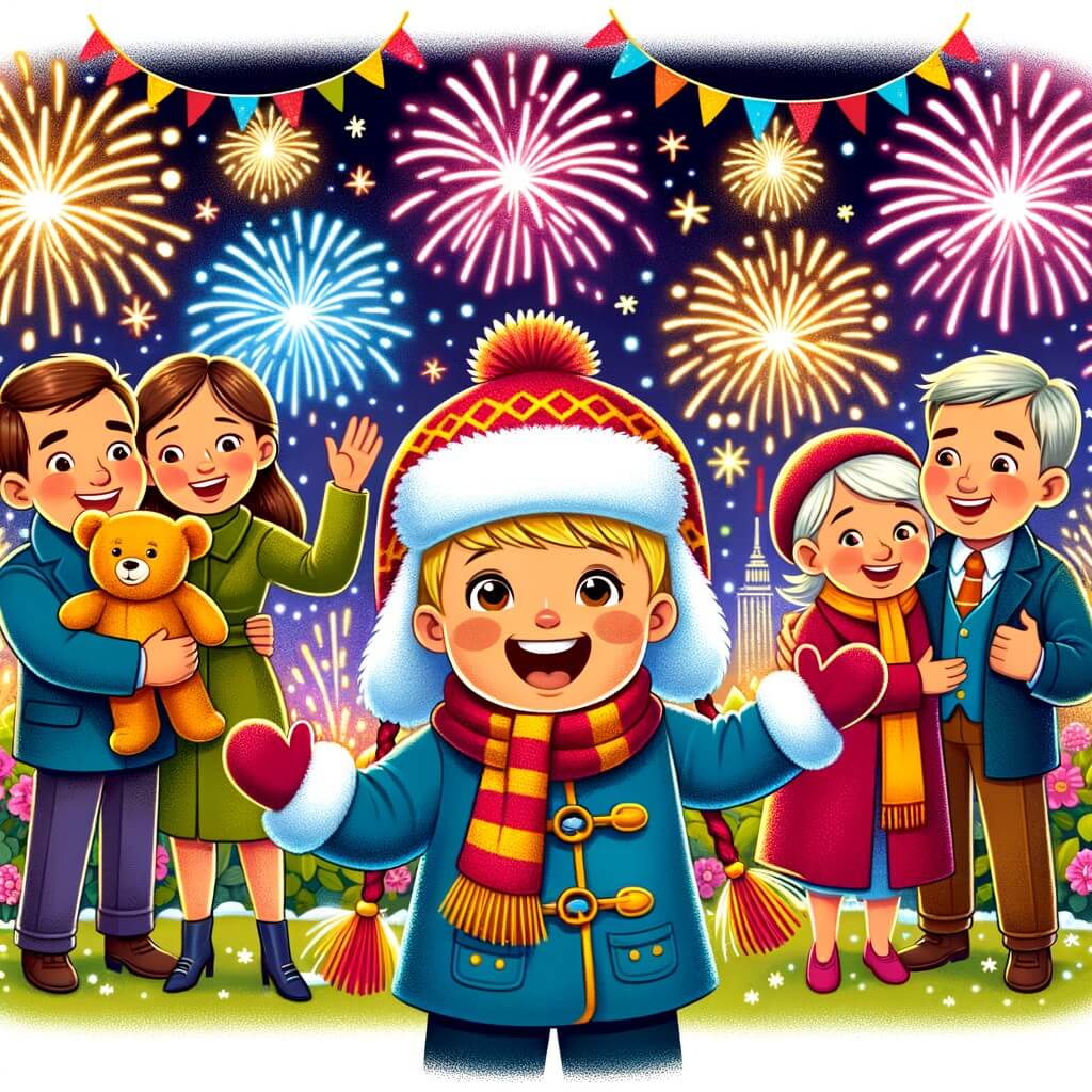 Une illustration destinée aux enfants représentant un petit garçon plein d'enthousiasme, entouré de feux d'artifice étincelants, dans un parc illuminé de guirlandes colorées, célébrant la fête du nouvel an avec sa famille et un adorable ours en peluche.