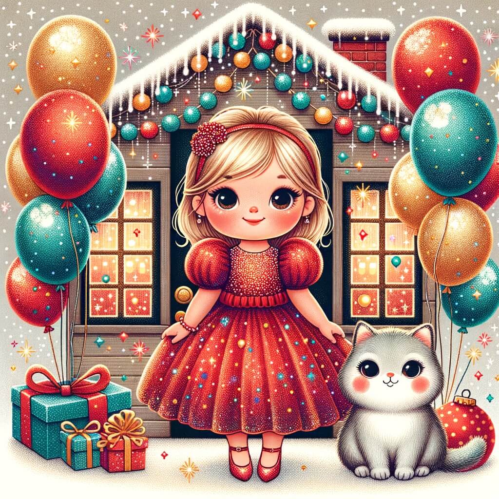 Une illustration destinée aux enfants représentant une petite fille vêtue d'une robe rouge à paillettes, entourée de ballons colorés, accompagnée d'un chat dodu, dans une maison décorée de guirlandes étincelantes, célébrant la fête du Nouvel An.