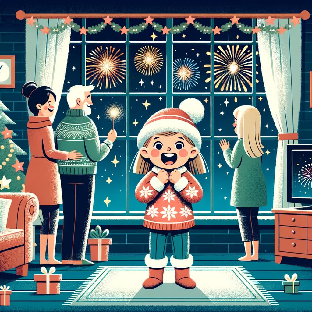 Une illustration pour enfants représentant une petite fille enthousiaste, prête à célébrer le réveillon du Nouvel An en famille, dans une maison décorée de guirlandes lumineuses et de ballons colorés.