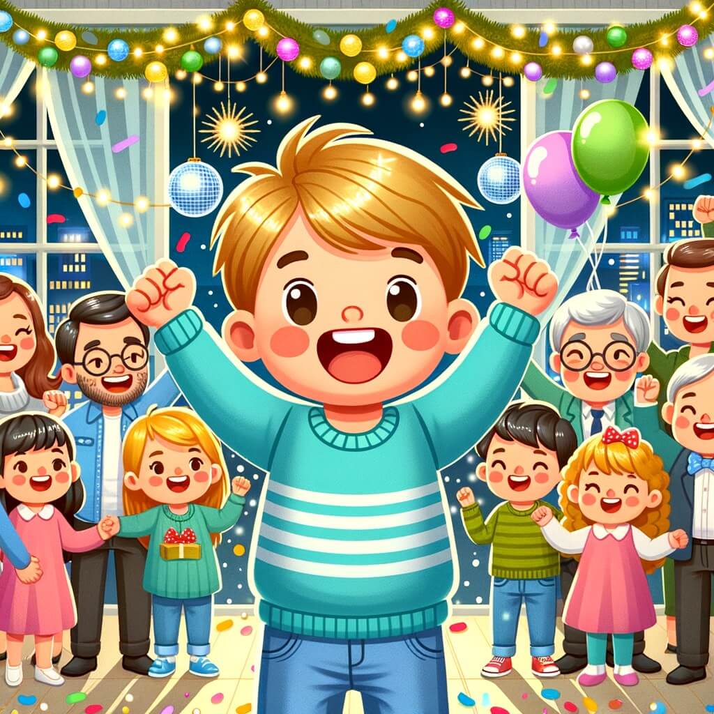 Une illustration destinée aux enfants représentant un petit garçon plein d'enthousiasme, entouré de sa famille et de ses amis, célébrant le réveillon du nouvel an dans une maison décorée de guirlandes scintillantes, de ballons colorés et de lumières étincelantes.