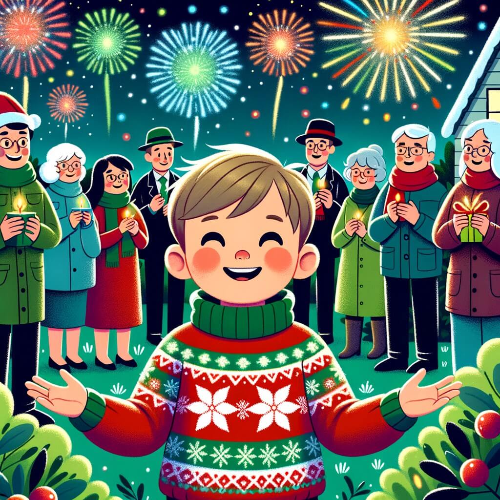 Une illustration destinée aux enfants représentant un petit garçon vêtu d'un pull de Noël rouge et vert, vivant une soirée de réveillon inoubliable entouré de sa famille et de leurs amis, dans un jardin illuminé par un feu d'artifice coloré.