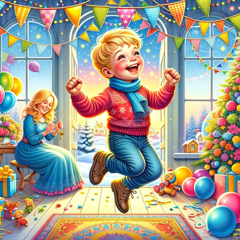 Une illustration destinée aux enfants représentant un petit garçon plein d'énergie, sautillant de joie dans une maison décorée de guirlandes colorées et de ballons, en attendant avec impatience la fête du nouvel an, avec sa maman comme personnage secondaire.