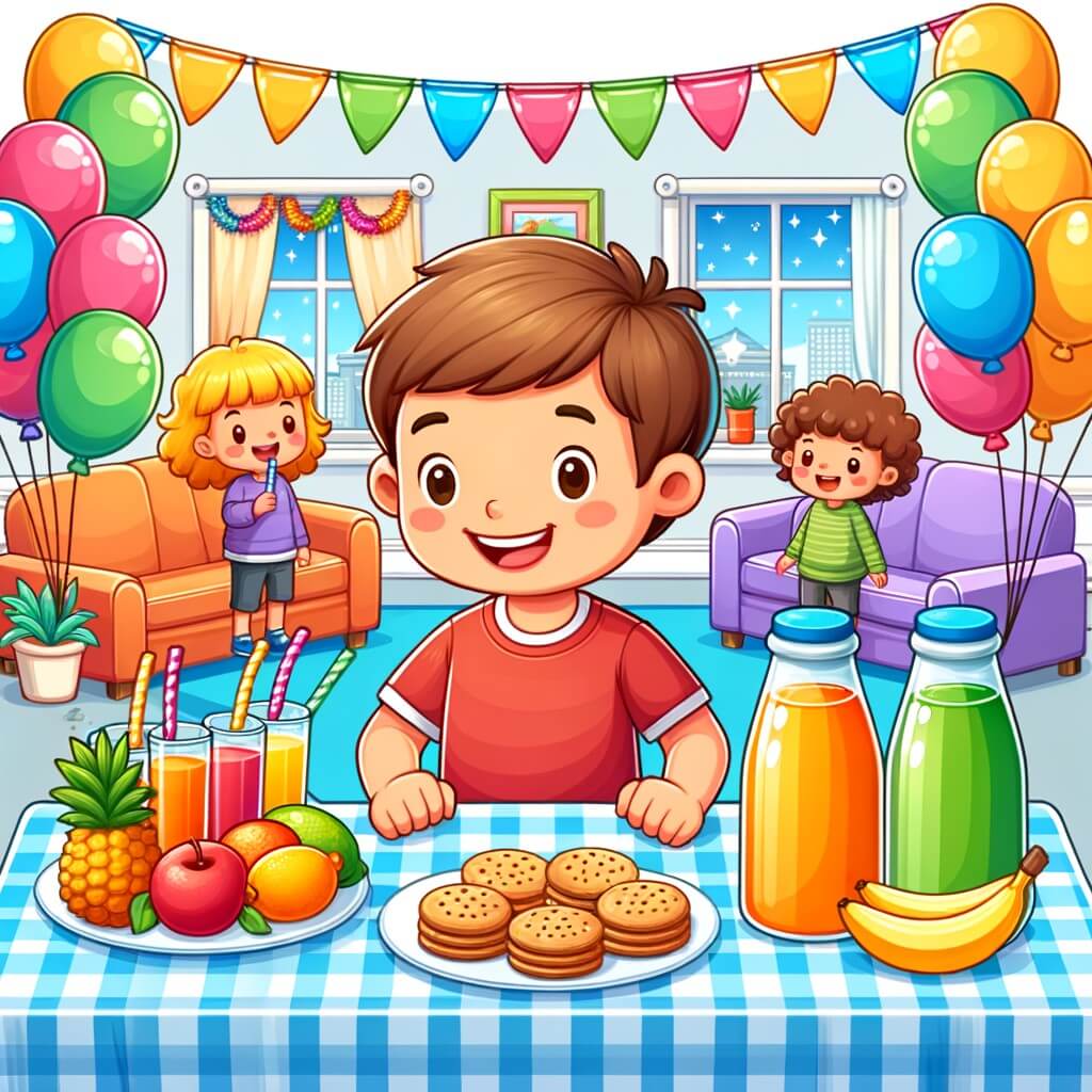 Une illustration destinée aux enfants représentant un petit garçon plein d'excitation, préparant une fête du nouvel an avec ses amis, dans une maison décorée de ballons colorés et d'une table remplie de biscuits et de jus de fruits.