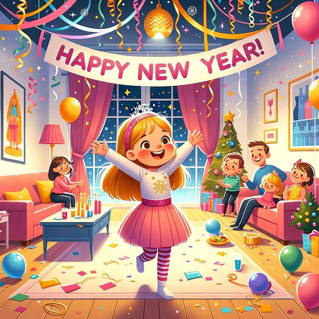 Une illustration pour enfants représentant une petite fille pleine d'excitation, préparant une fête du nouvel an dans un salon transformé en une salle de fête magique.