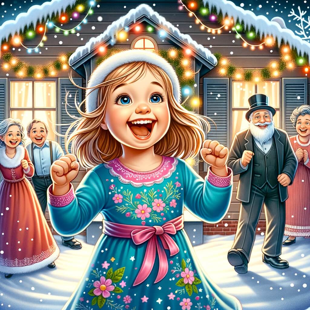 Une illustration pour enfants représentant une petite fille pétillante qui tente de rester éveillée jusqu'à minuit pour accueillir la nouvelle année lors d'une grande soirée chez elle.