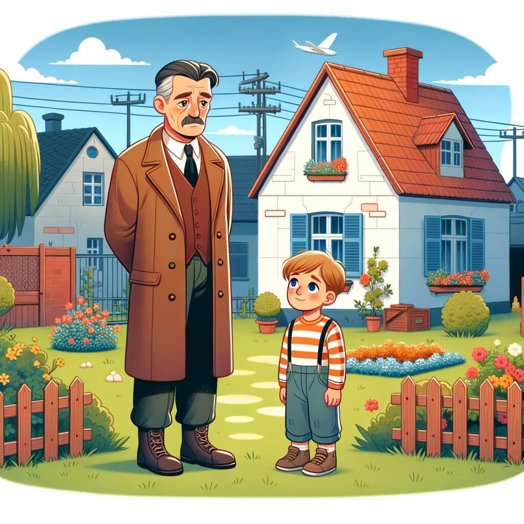 Une illustration destinée aux enfants représentant un homme ordinaire, confronté à la guerre, accompagné d'un jeune réfugié, dans une petite maison entourée d'un jardin fleuri, située dans une paisible banlieue.