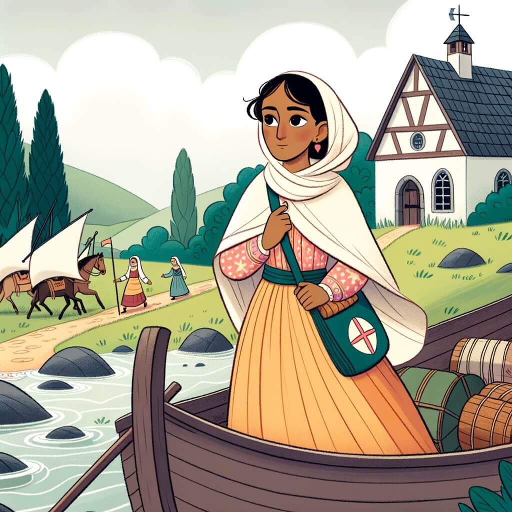 Une illustration pour enfants représentant une femme courageuse confrontée à la guerre dans un village paisible.