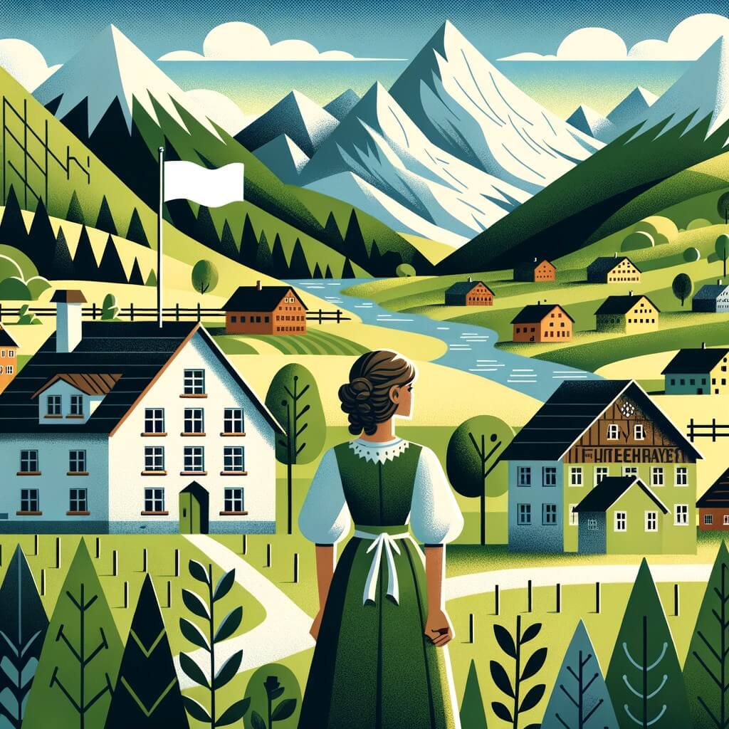Une illustration destinée aux enfants représentant une femme courageuse vivant dans un village paisible entouré de montagnes verdoyantes, confrontée à la guerre et accompagnée d'une communauté solidaire.