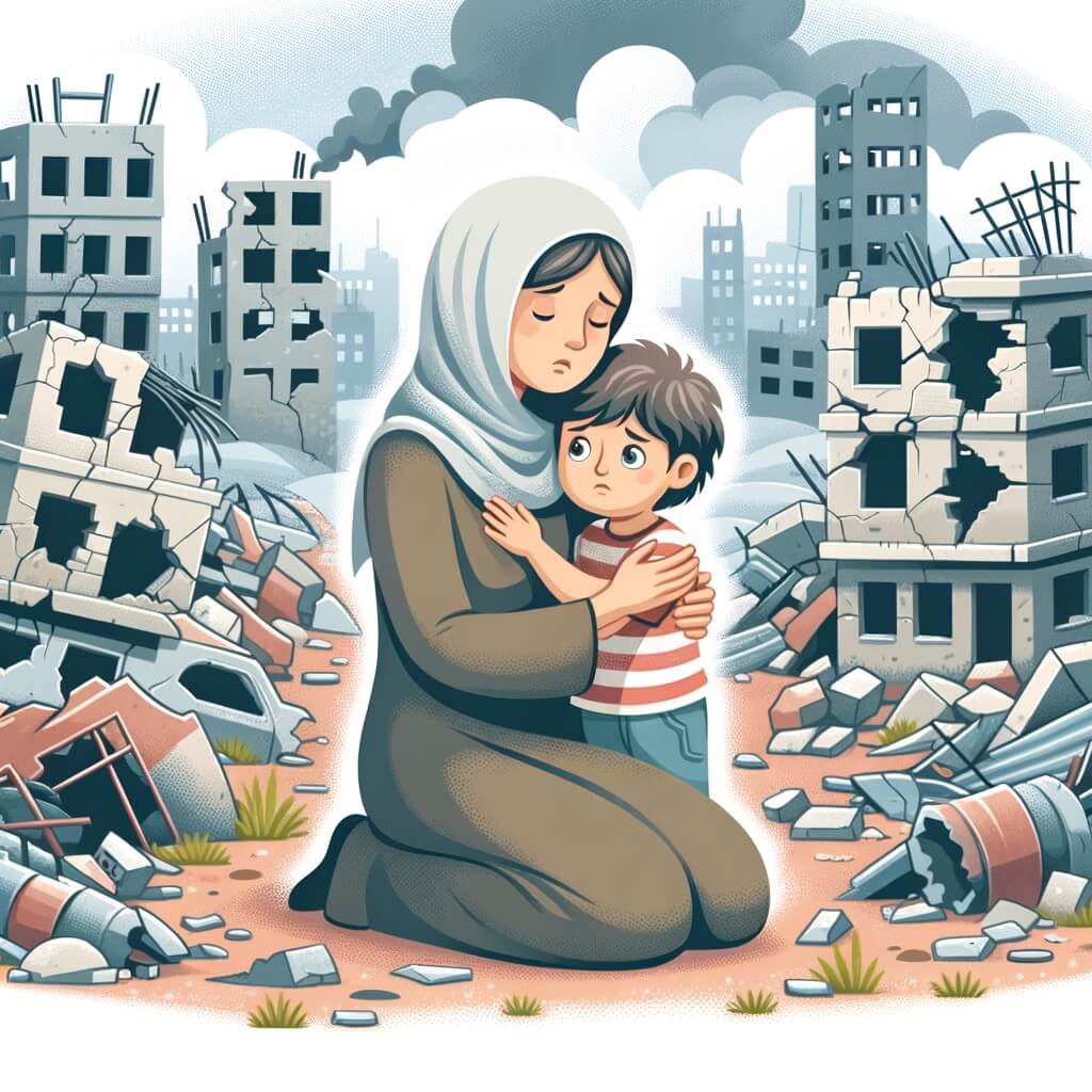 Une illustration destinée aux enfants représentant une femme courageuse vivant dans une ville en ruines pendant la guerre, accompagnée de son fils, dans un paysage dévasté où les bâtiments sont détruits et les rues jonchées de débris.