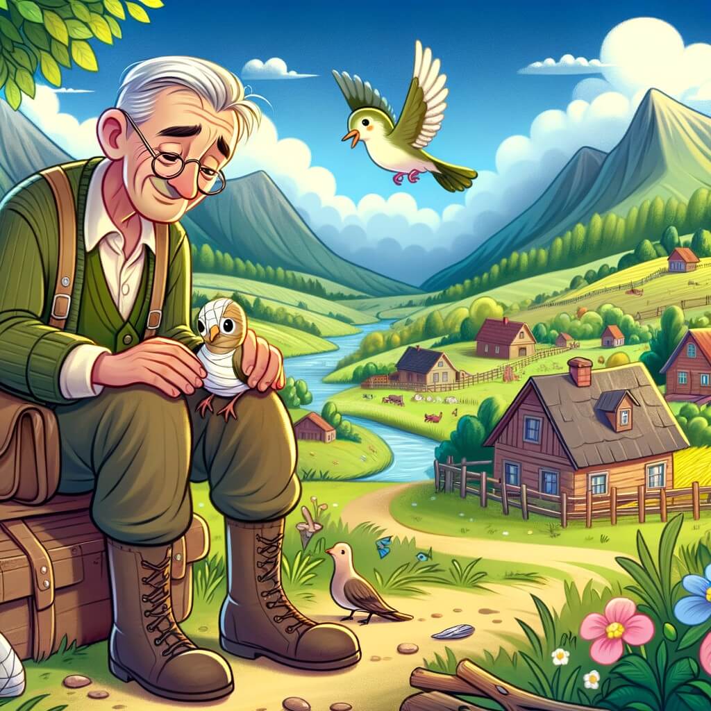 Une illustration destinée aux enfants représentant un homme bienveillant et aimable, vivant dans un petit village au cœur d'une vallée verdoyante, confronté à la tristesse de la guerre, et accompagné d'un petit oiseau blessé qui devient son ami et guide.