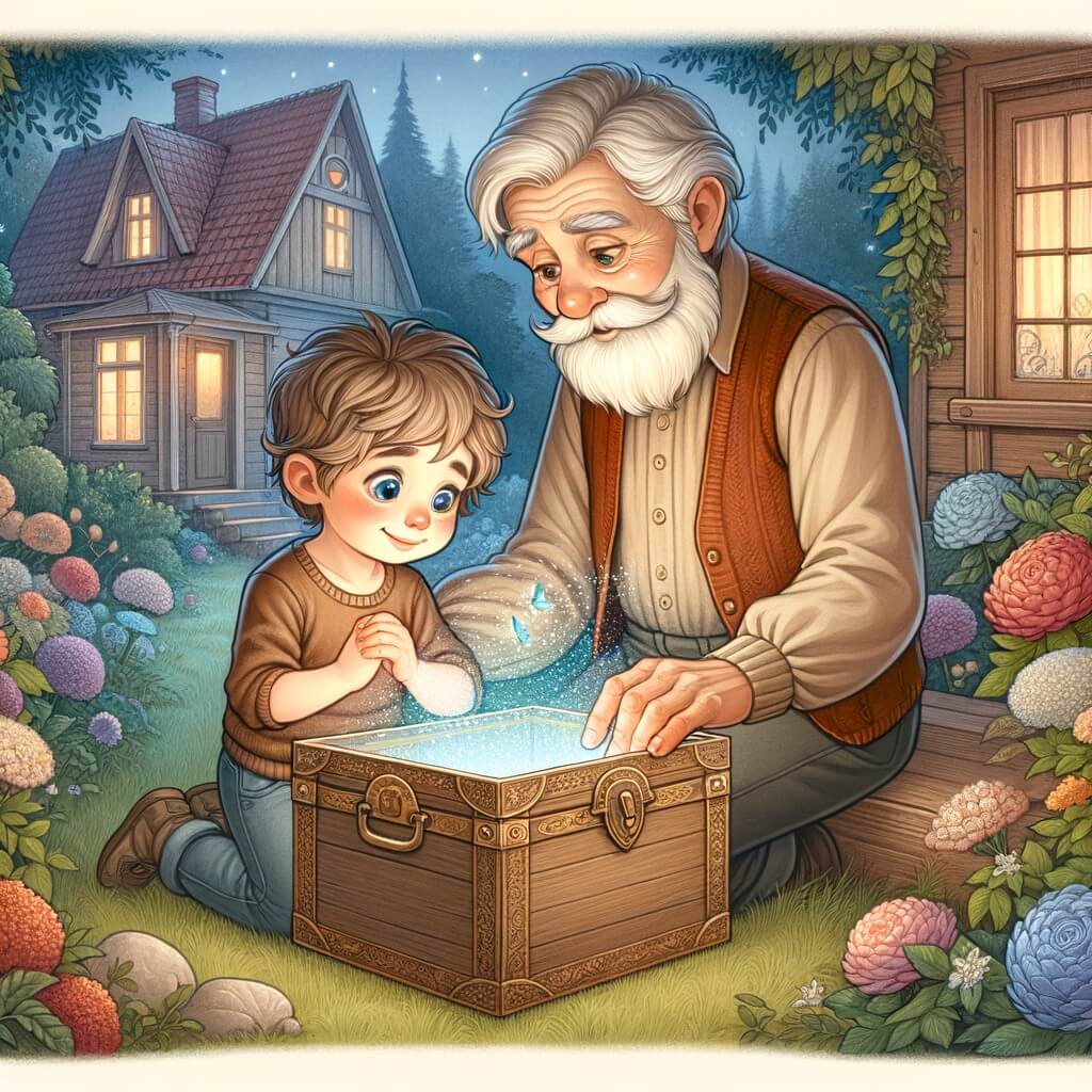 Une illustration destinée aux enfants représentant un petit garçon, triste mais curieux, découvrant une boîte magique remplie de souvenirs, accompagné de son grand-père bienveillant, dans une maison chaleureuse entourée d'un magnifique jardin fleuri.