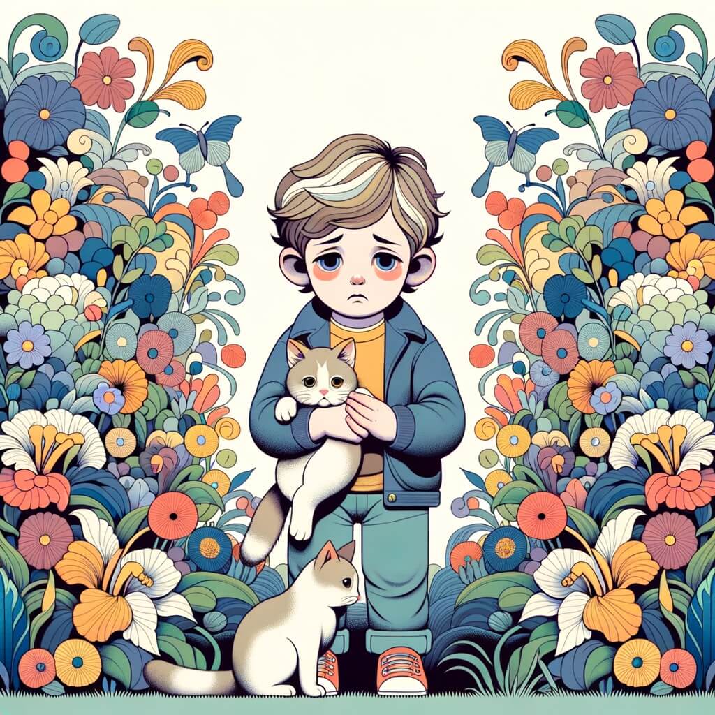 Une illustration destinée aux enfants représentant un petit garçon triste, accompagné d'un chat, dans un parc verdoyant avec des fleurs multicolores, symbolisant la perte et la découverte de la mort.