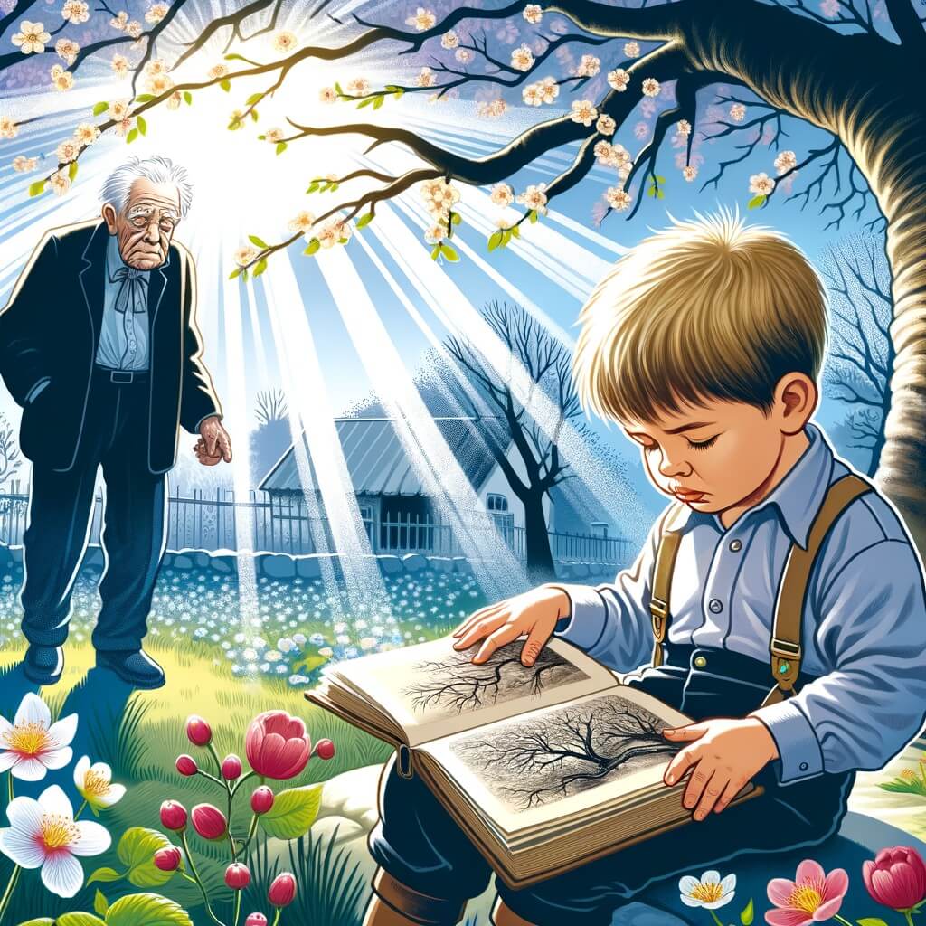Une illustration pour enfants représentant un petit garçon triste qui apprend que son grand-père bien-aimé est très malade et qui passe du temps avec lui dans le jardin.