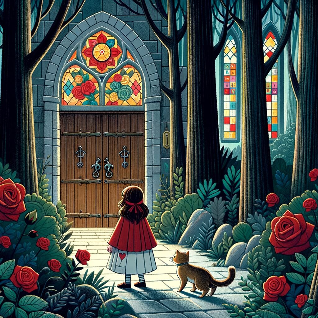 Une illustration destinée aux enfants représentant une petite fille perdue dans une forêt sombre, accompagnée d'un chat curieux, debout devant une porte en bois ancienne, ornée de roses rouges, menant à un hôpital majestueux avec des fenêtres en vitrail coloré.