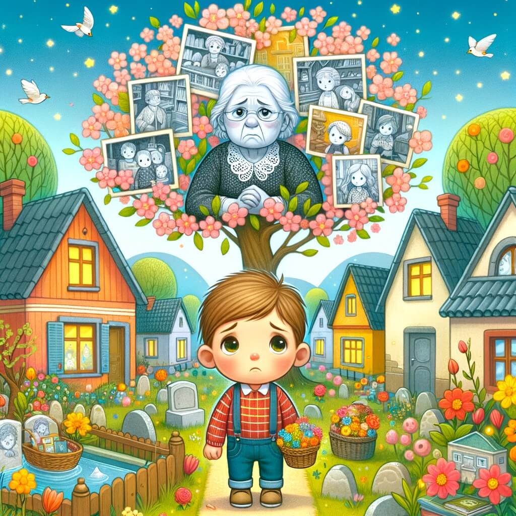 Une illustration destinée aux enfants représentant un petit garçon triste, entouré de souvenirs de sa grand-mère décédée, dans une petite ville paisible avec des maisons colorées et des arbres fleuris.