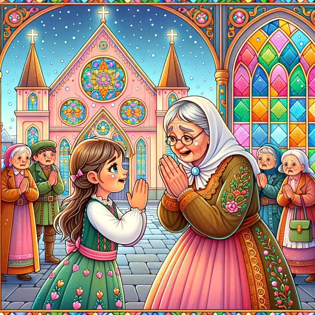 Une illustration destinée aux enfants représentant une petite fille, entourée de personnages tristes, se tenant devant une église colorée aux vitraux étincelants, où elle dit au revoir à sa mamie bien-aimée.