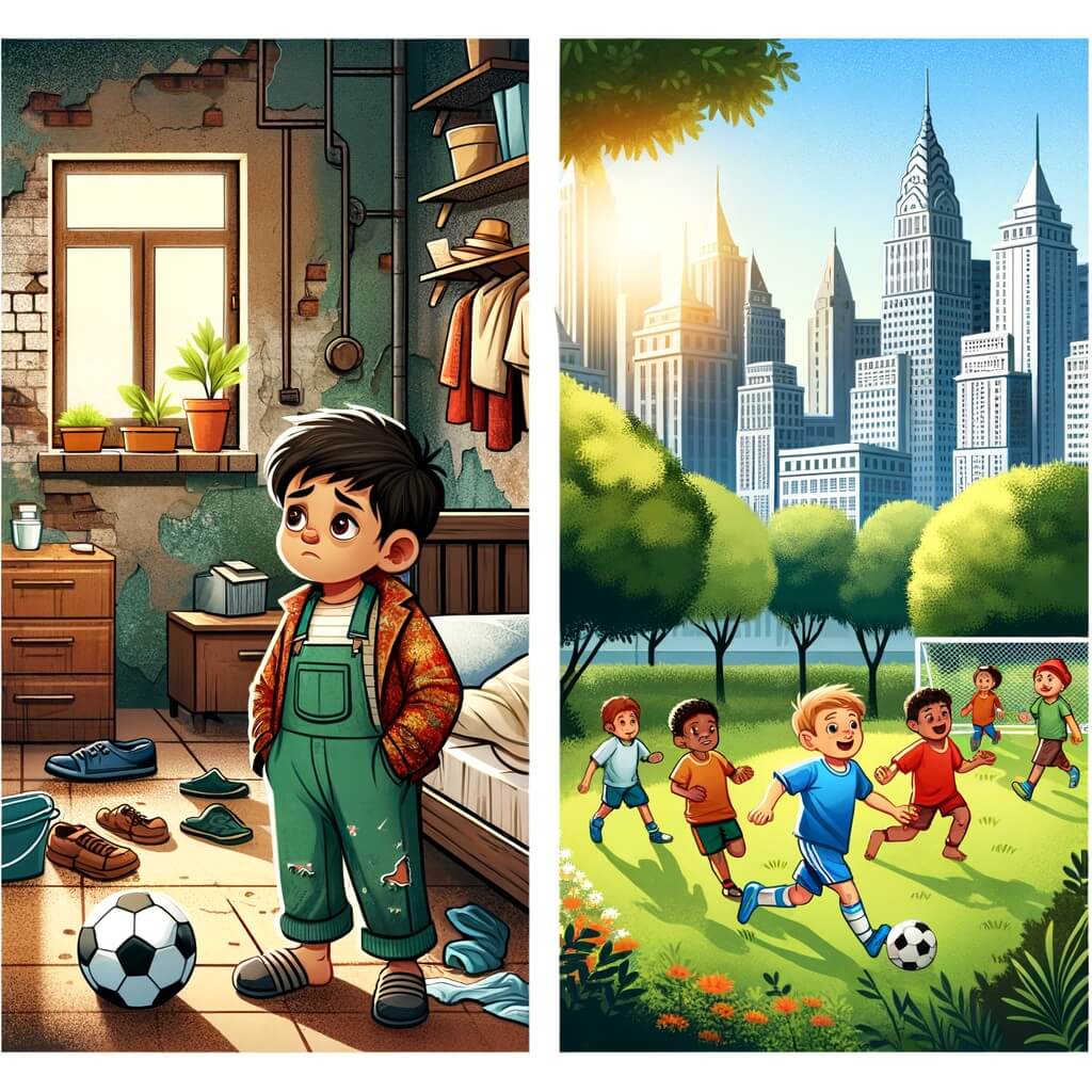 Une illustration destinée aux enfants représentant un petit garçon aux vêtements usés, vivant dans un appartement modeste, accompagné d'un groupe de garçons jouant au football dans un parc verdoyant et ensoleillé au cœur d'une ville animée.