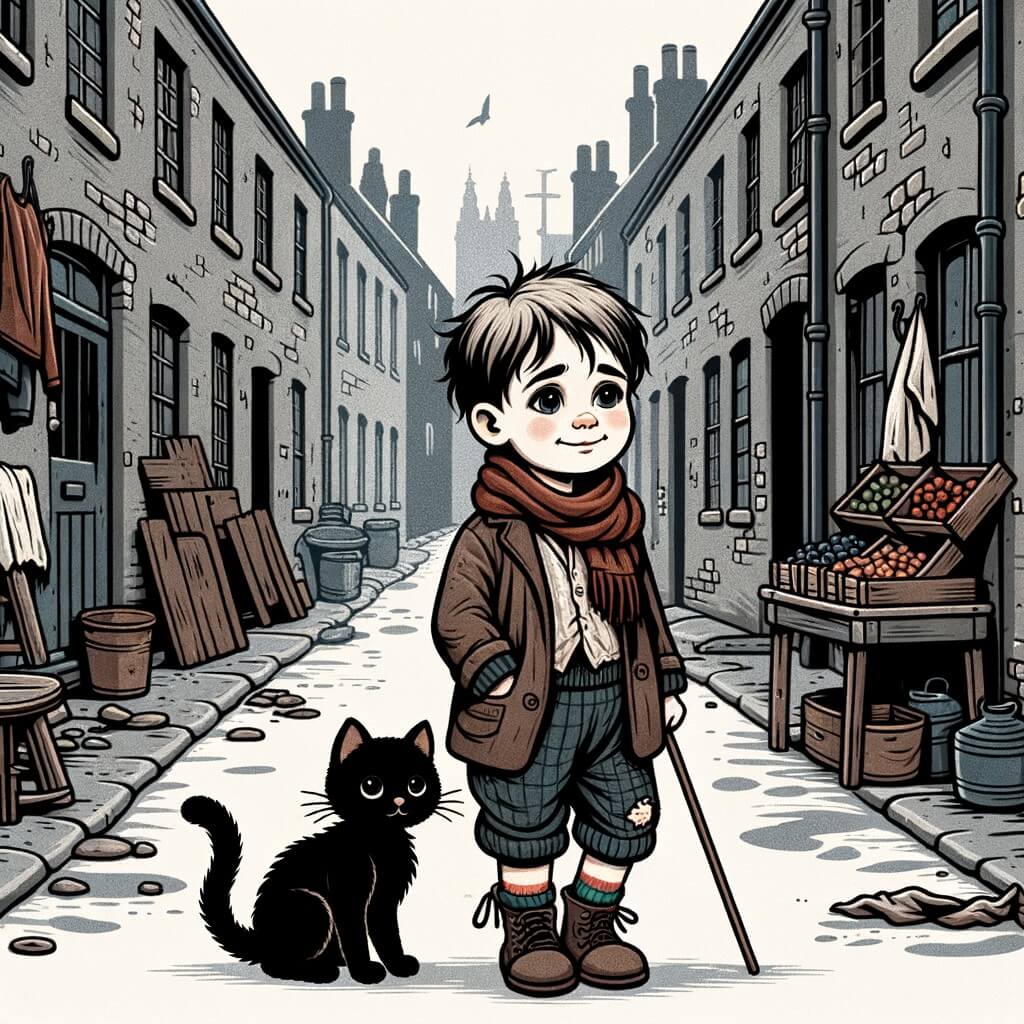 Une illustration destinée aux enfants représentant un petit garçon aux vêtements usés et déchirés, vivant dans un quartier pauvre, accompagné d'un chat noir, dans une rue étroite et grise avec des maisons délabrées et des étals de fruits et légumes.