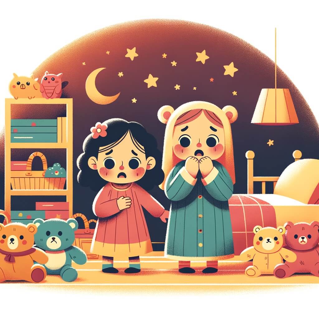 Une illustration destinée aux enfants représentant une petite fille, tremblante et inquiète, confrontée à l'obscurité de la nuit, accompagnée d'une amie bienveillante, dans une chambre chaleureuse remplie de peluches et de jouets colorés.
