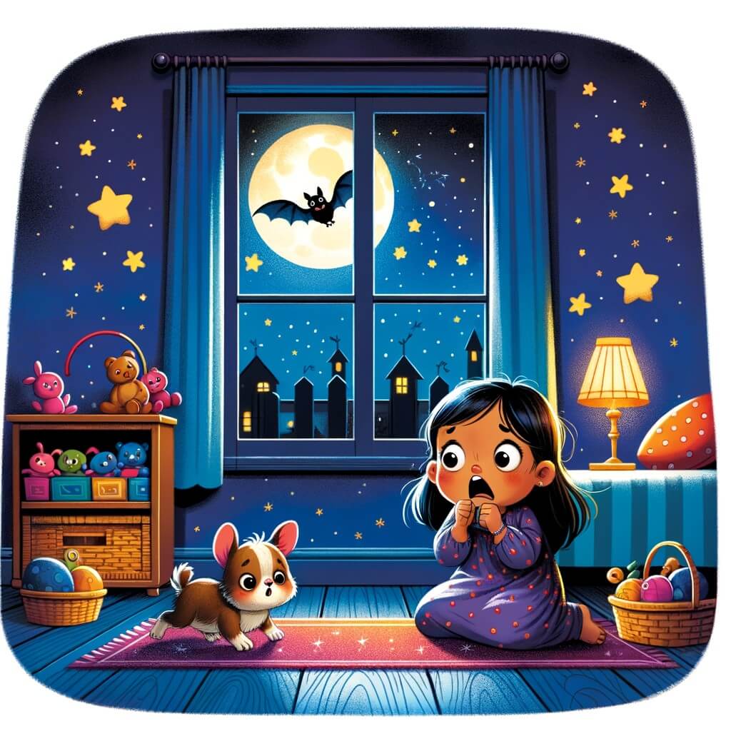 Une illustration destinée aux enfants représentant un petit garçon tremblant de peur dans l'obscurité de sa chambre, avec un petit animal curieux à ses côtés, dans un décor nocturne rempli de jouets, d'étoiles scintillantes et d'une fenêtre ouverte laissant entrevoir une chauve-souris volant dans le ciel étoilé.