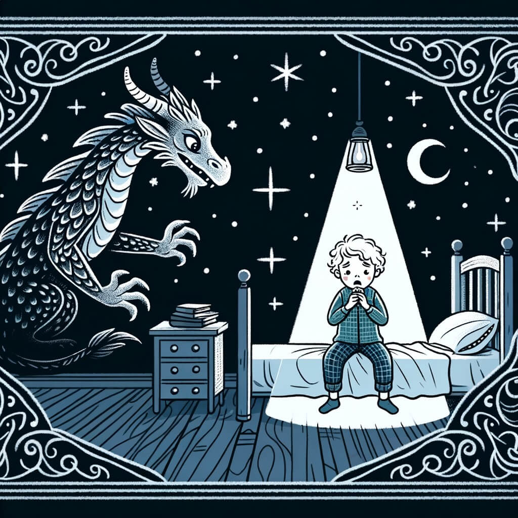 Une illustration destinée aux enfants représentant un petit garçon tremblant de peur, seul dans sa chambre plongée dans l'obscurité, avec pour seul compagnon une veilleuse lumineuse, tandis qu'un dragon sage et bienveillant observe la scène depuis le ciel étoilé.