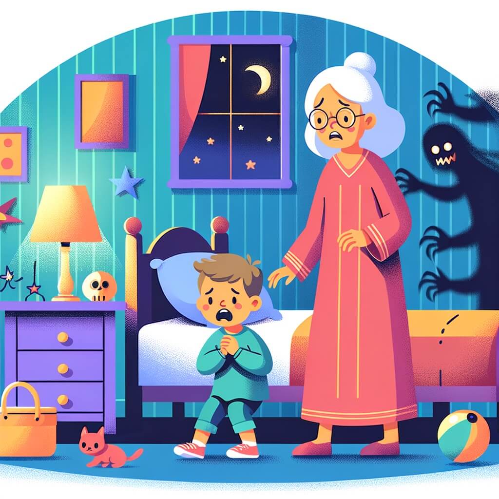 Une illustration pour enfants représentant un petit garçon effrayé par l'obscurité de sa chambre, cherchant des monstres cachés sous son lit, dans sa maison.