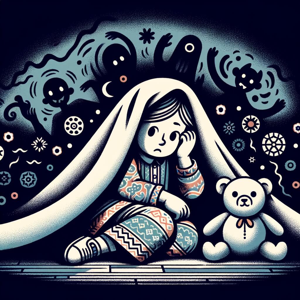 Une illustration destinée aux enfants représentant une petite fille tremblante, cachée sous ses couvertures, avec une peluche douce et réconfortante à ses côtés, dans une chambre sombre remplie d'ombres dansantes.