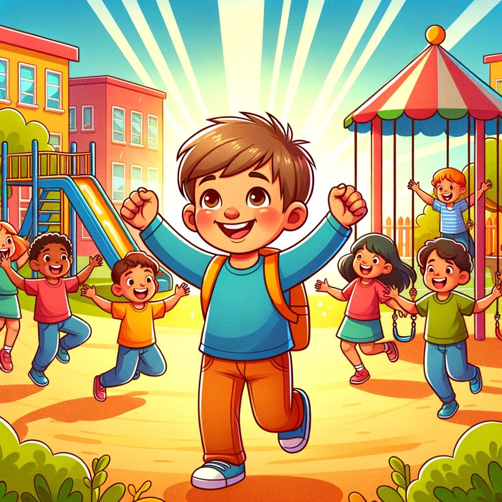 Une illustration destinée aux enfants représentant un petit garçon plein d'enthousiasme, entouré de nouveaux amis, dans une école colorée avec une cour de récréation animée remplie de balançoires, de toboggans et d'enfants qui jouent joyeusement.