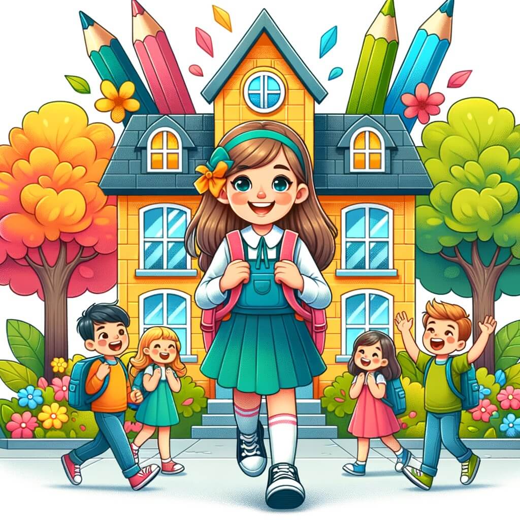 Une illustration pour enfants représentant une petite fille excitée à l'idée de commencer sa nouvelle année scolaire, dans une école animée et pleine de vie.