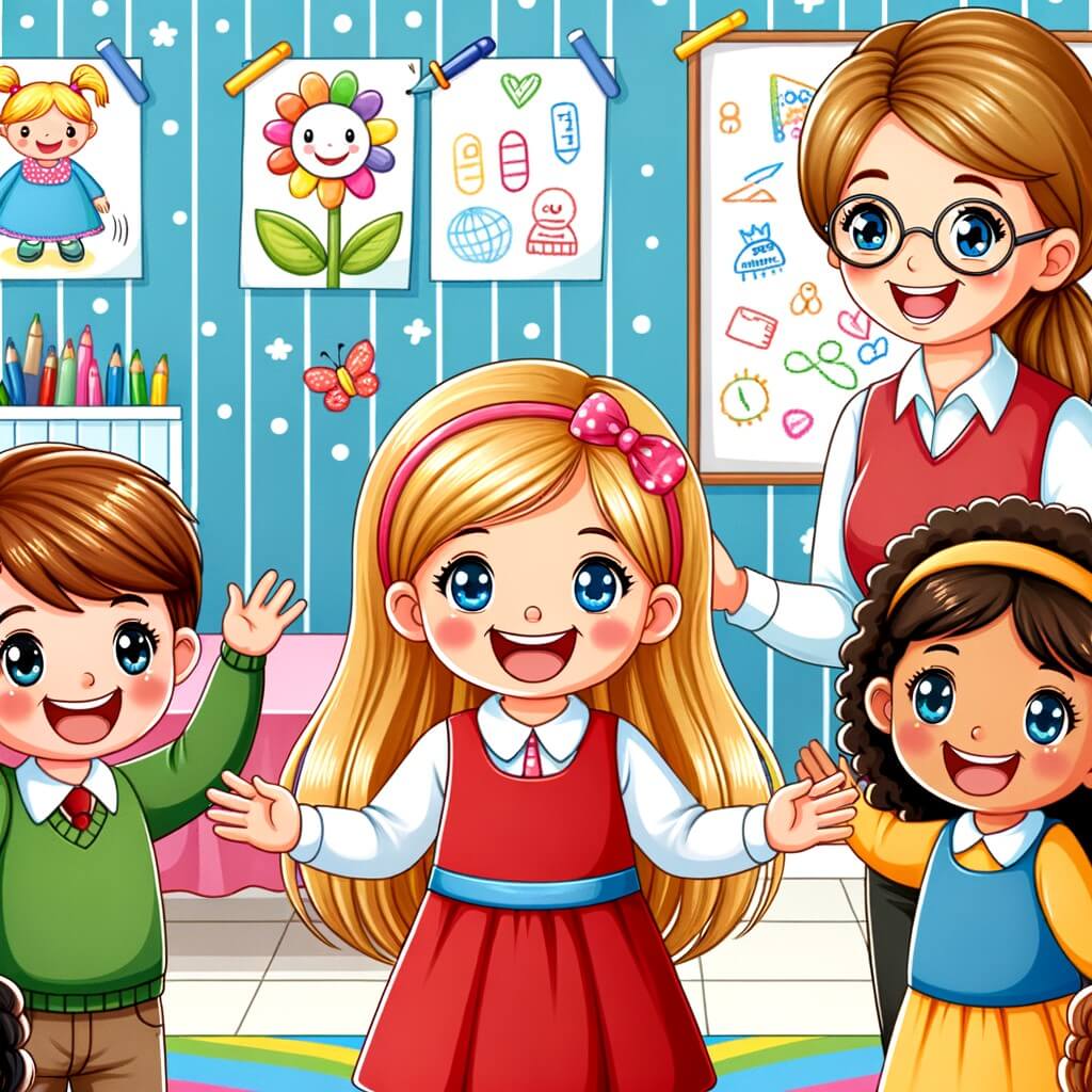Une illustration destinée aux enfants représentant une petite fille pleine de joie, entourée de ses amis et de sa nouvelle maîtresse, dans une classe colorée et décorée de dessins et de posters éducatifs, célébrant la rentrée des classes.