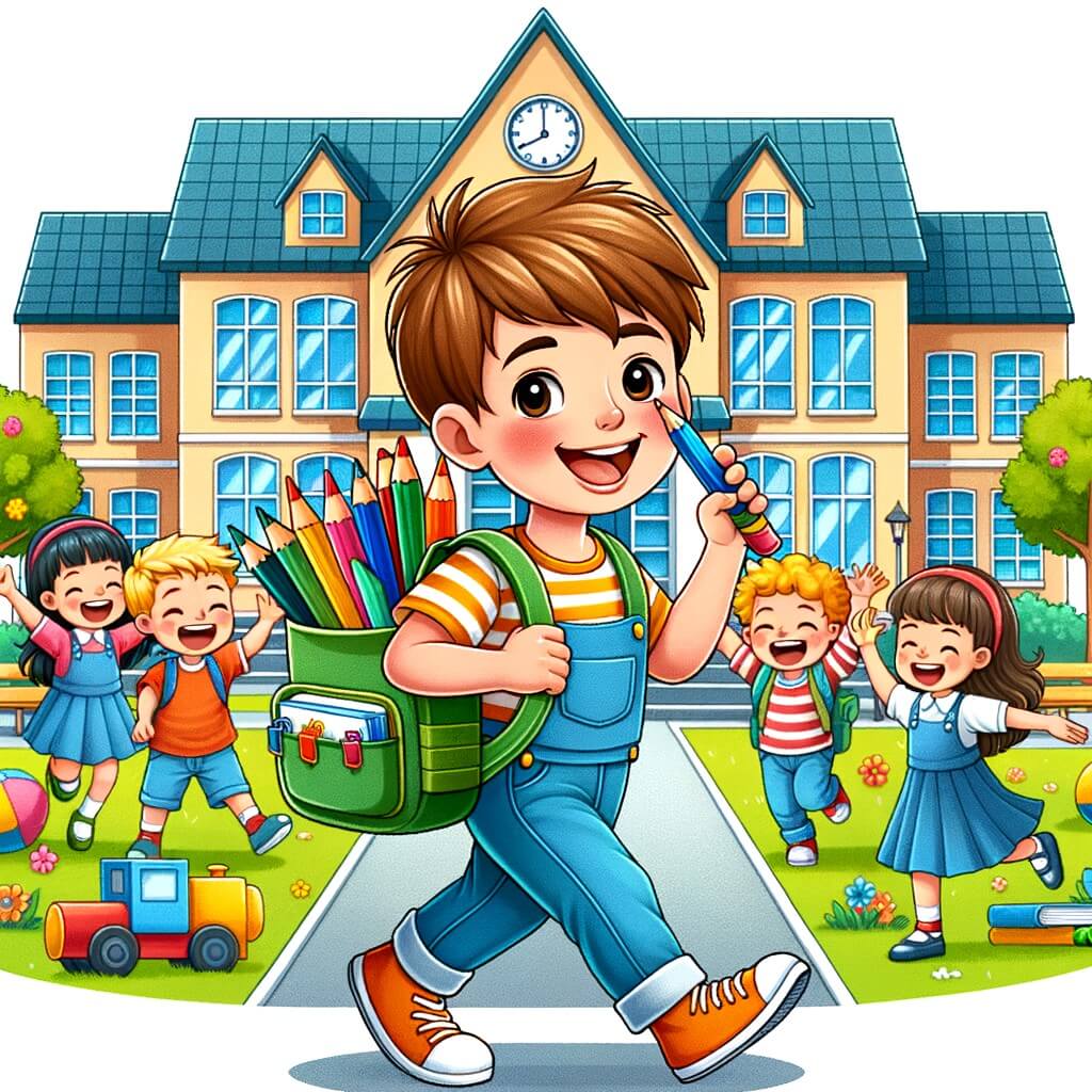Une illustration pour enfants représentant un petit garçon excité, prêt à vivre une grande aventure, le jour de sa rentrée à l'école, dans un grand bâtiment avec une cour de récréation spacieuse.