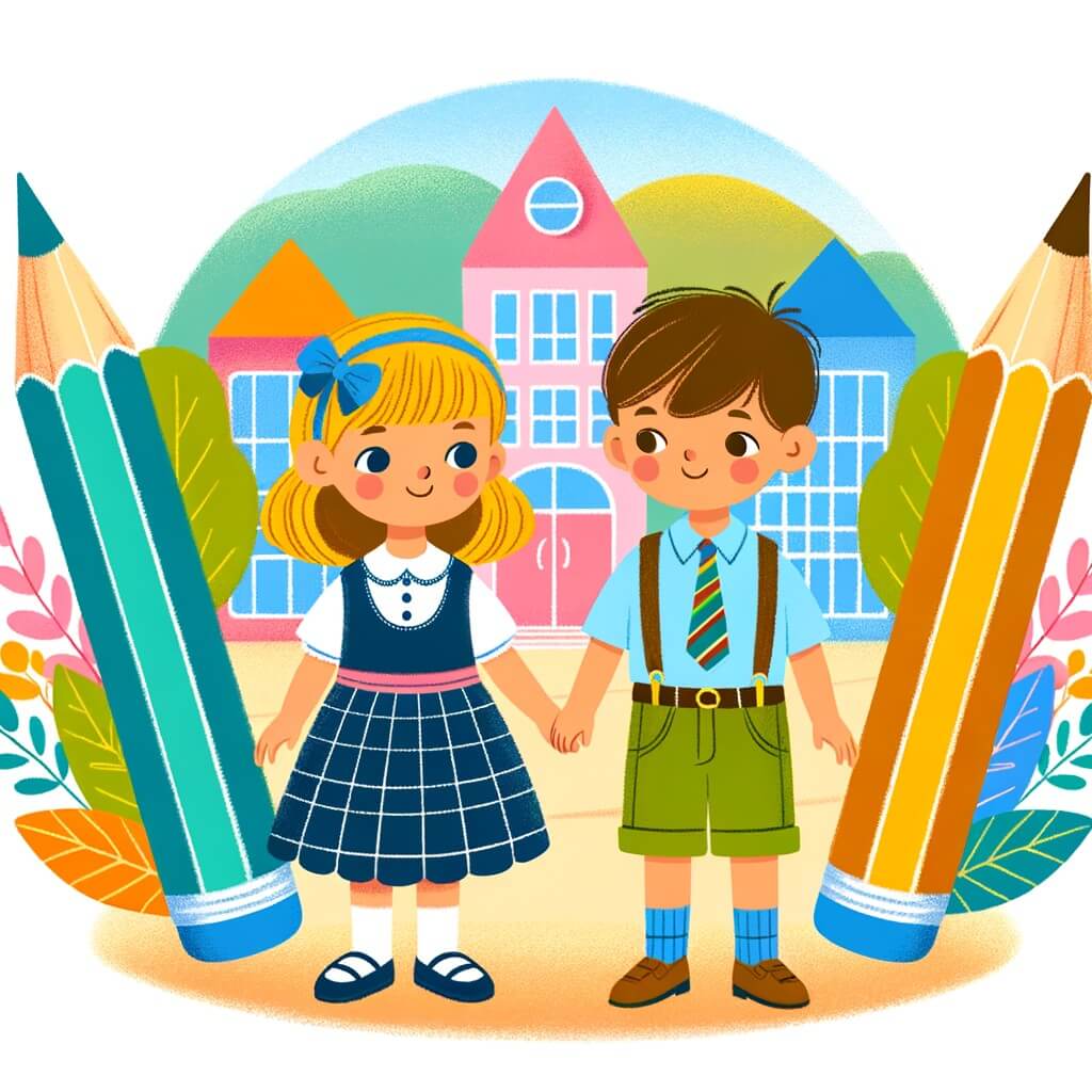 Une illustration pour enfants représentant une petite fille stressée la veille de la rentrée des classes, dans sa chambre, avec ses fournitures scolaires.