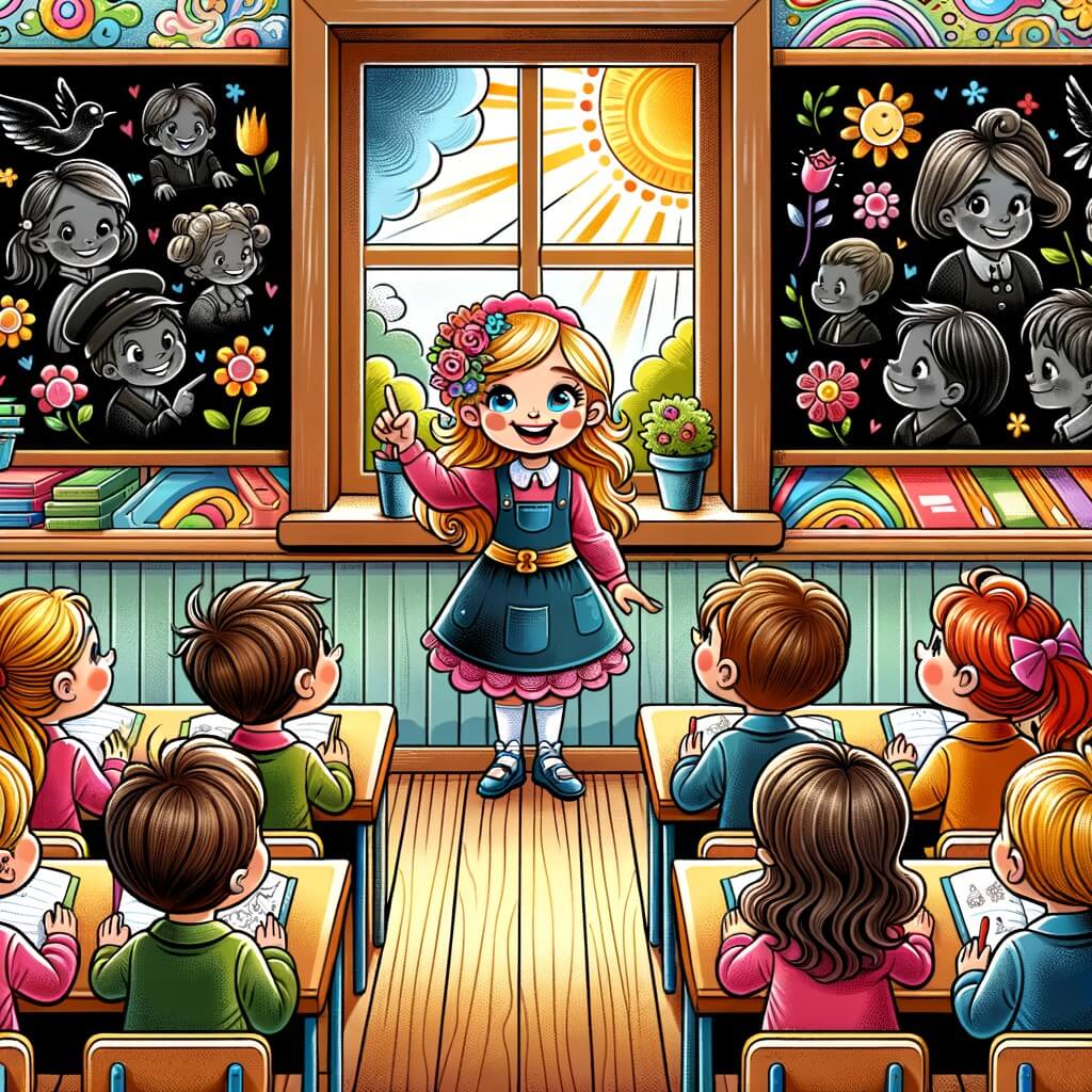 Une illustration destinée aux enfants représentant une petite fille pleine d'enthousiasme, entourée de ses amis, dans une salle de classe colorée avec des tableaux remplis de dessins et une fenêtre laissant entrer la lumière du soleil.