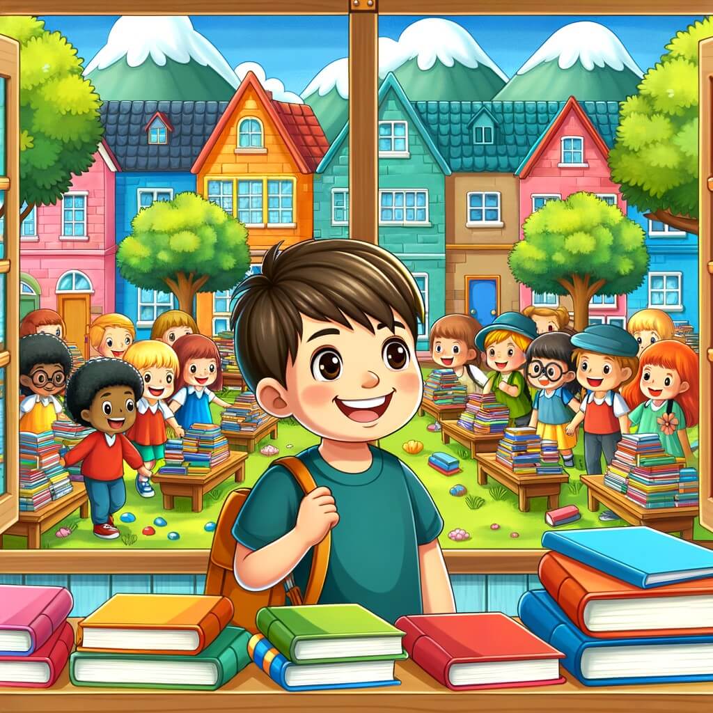 Une illustration destinée aux enfants représentant un petit garçon souriant, entouré de ses amis, qui découvre une salle de classe colorée et remplie de livres, dans une école située au milieu d'une petite ville avec des maisons colorées et des arbres verdoyants.