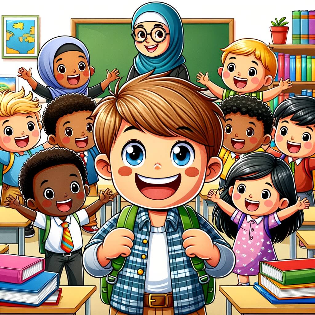 Une illustration destinée aux enfants représentant un petit garçon tout excité, entouré de ses copains et de sa nouvelle maîtresse, dans une salle de classe colorée et remplie de livres, pour célébrer la rentrée des classes.